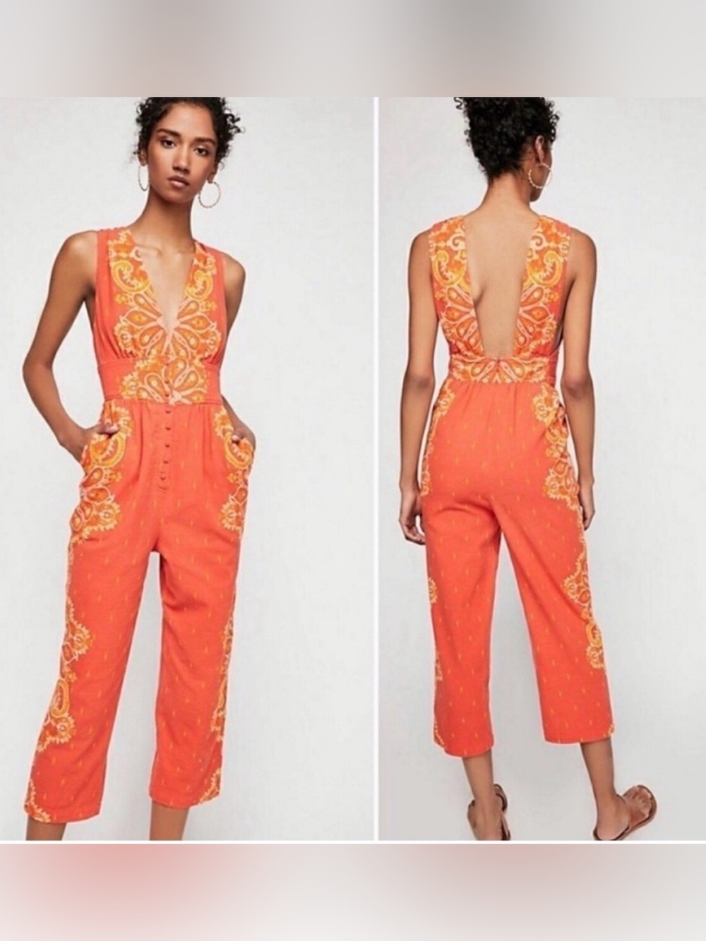 Free People XS Orange Paisley Open Back Wide Leg Boho Jumpsuit Pockets